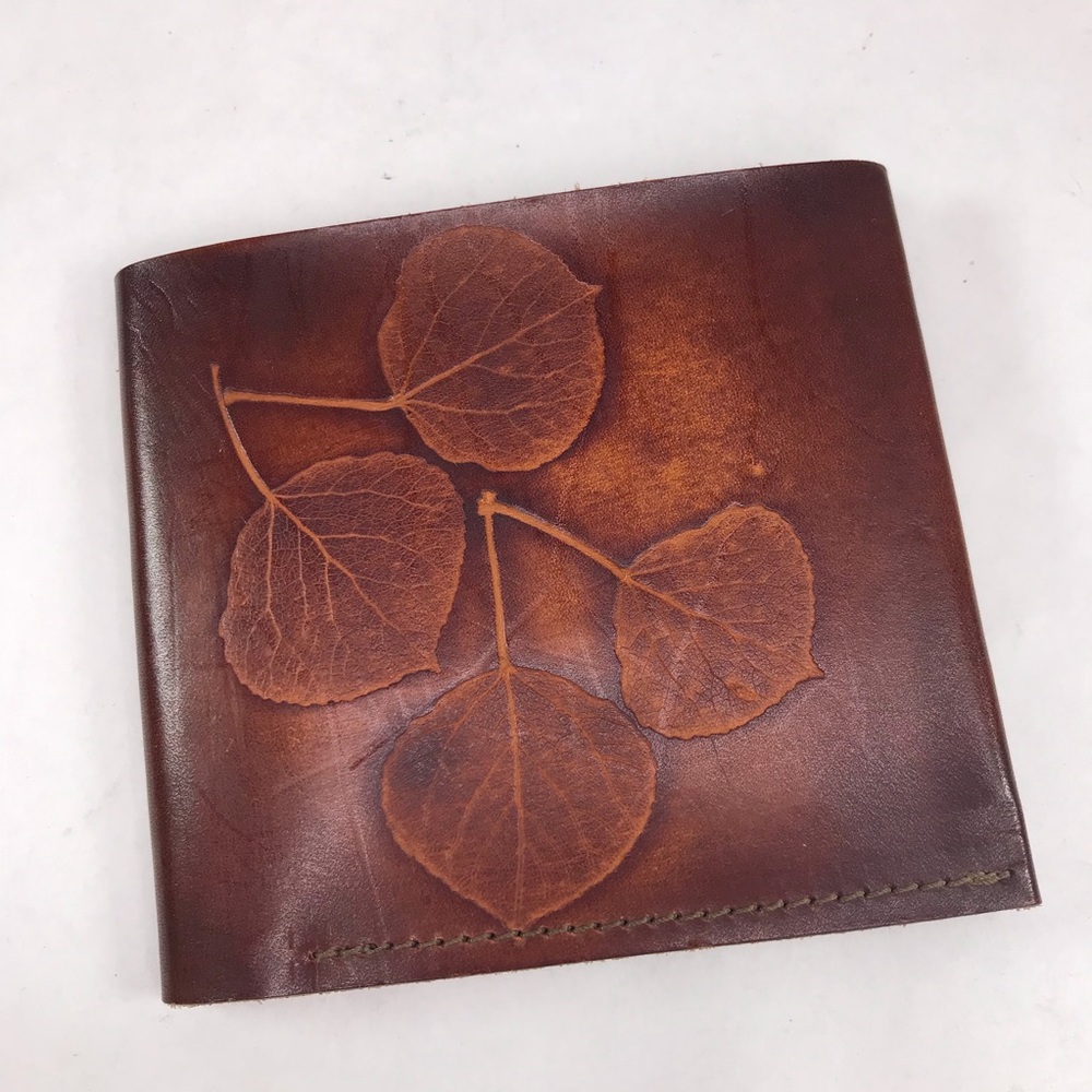 Vintage Tooled Leather Wallet Aspen Leaf Design Bi Fold Made in Colorado